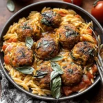 Baked Rosemary Chicken Meatballs with Tomato Orzo