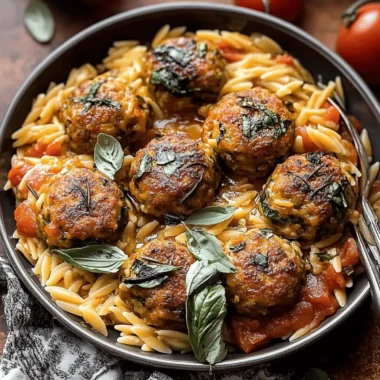 Baked Rosemary Chicken Meatballs with Tomato Orzo