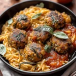 Baked Rosemary Chicken Meatballs with Tomato Orzo