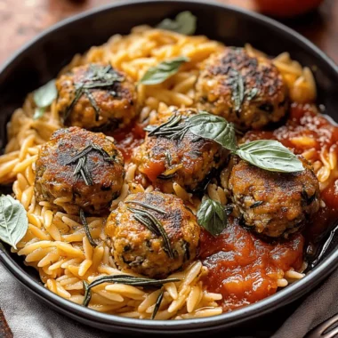 Baked Rosemary Chicken Meatballs with Tomato Orzo