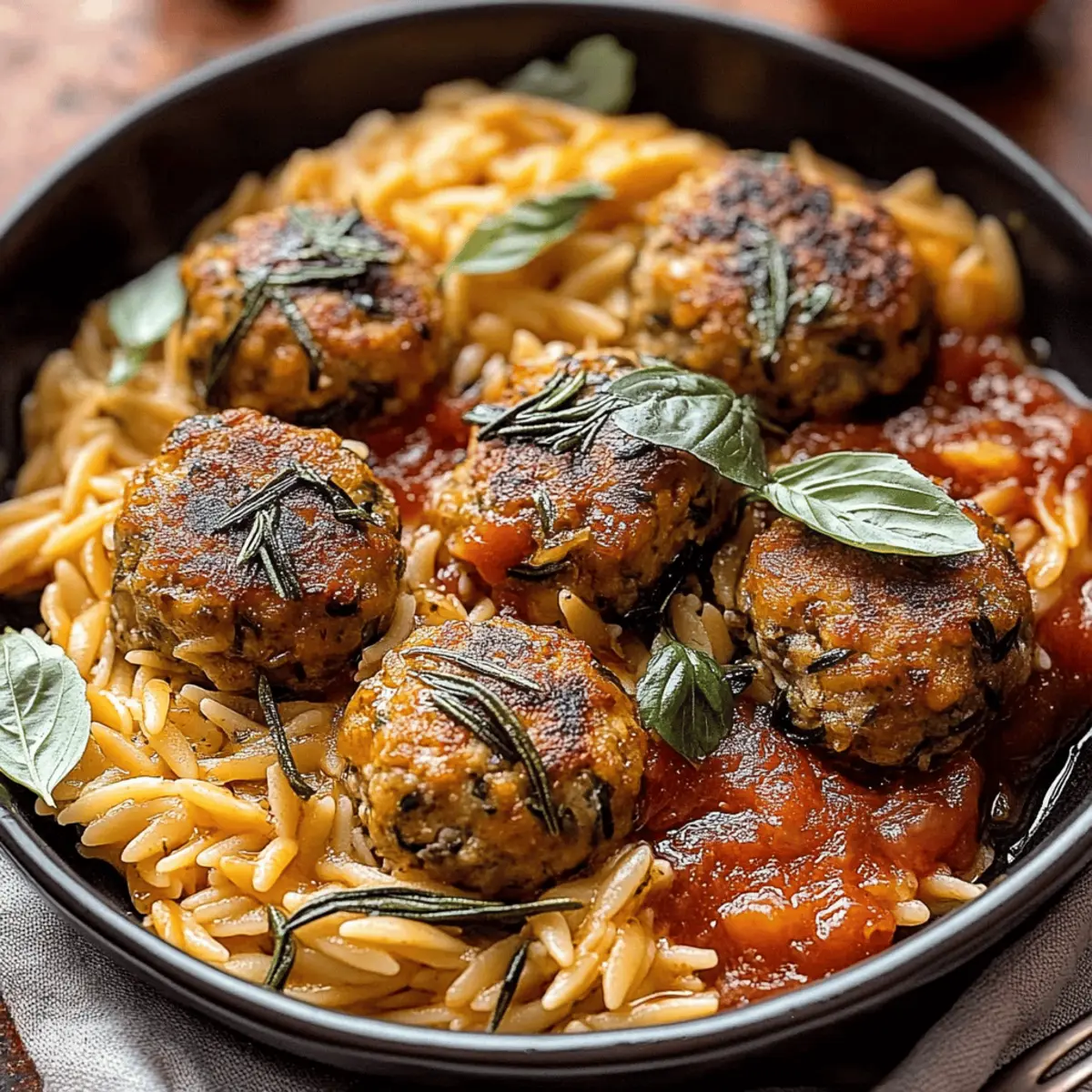 Baked Rosemary Chicken Meatballs with Tomato Orzo